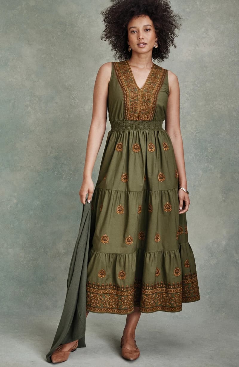 Pure Jill Embroidered Smocked-Waist Tiered Dress