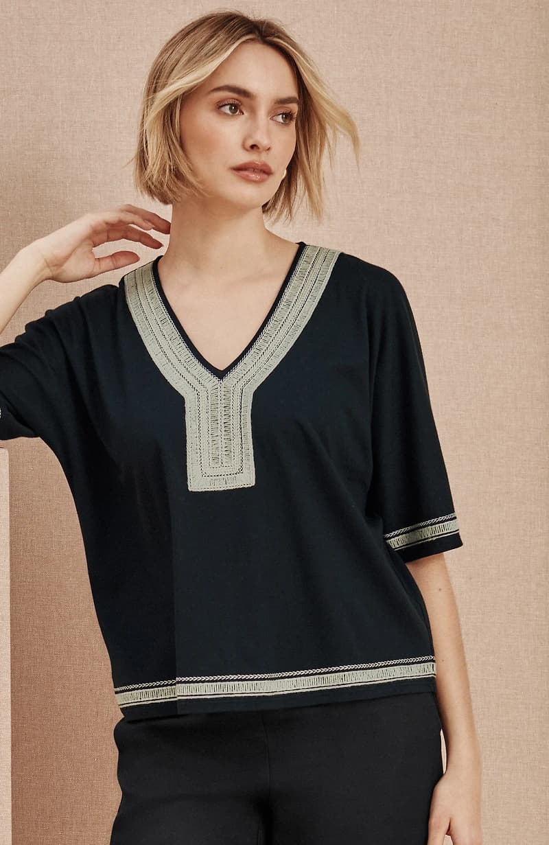 Pure Jill Knit Embroidered-Border Top